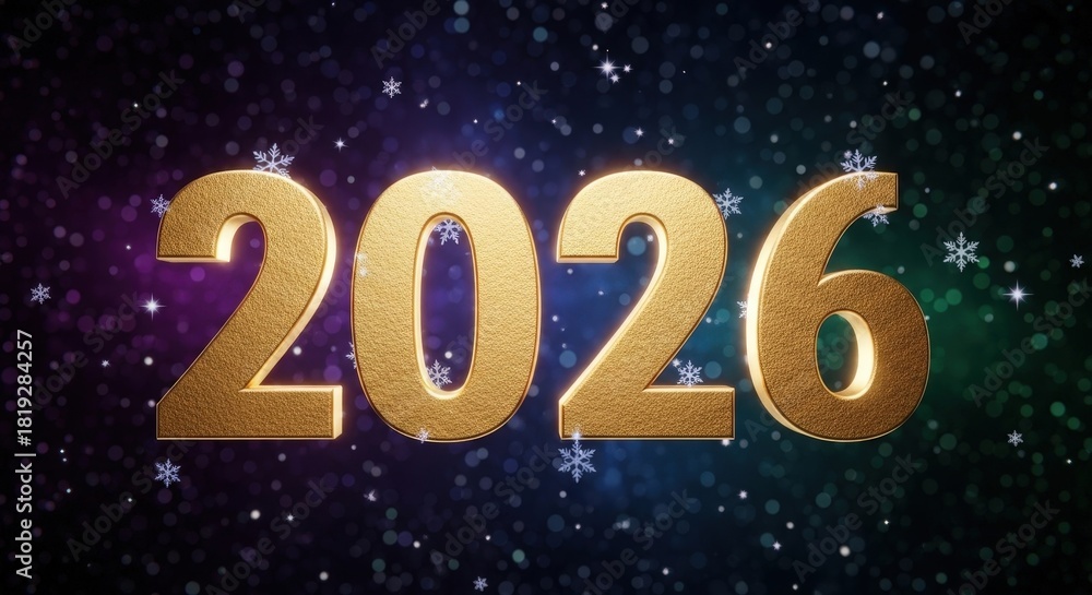 Fototapeta premium Golden numbers 2026 illuminated by glowing lights and falling snowflakes on a festive dark blue background