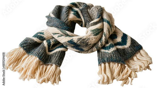 A green and white knitted scarf isolated on a white background, a warm winter wool neckerchief with fringe, a chevron pattern fashion accessory, a cozy clothing object.