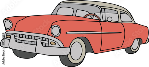Colorful vector illustration of a classic 1950s American sedan car with red body, vintage styling, and chrome details