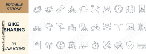 Bike sharing line icon set for featuring cycle, ride, pedal, helmet, lock, gps, map, rental, payment, and urban transport. Perfect for eco, travel, and mobility design projects. Editable stroke. 