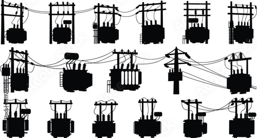 Silhouette vector illustration of electrical transformers and utility poles—technical infrastructure layout for power distribution, engineering, planning, maintenance, and educational reference