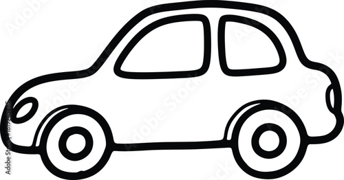 Doodle car icon, hand-drawn solid black on white, uneven wheels and body, simple vehicle sketch