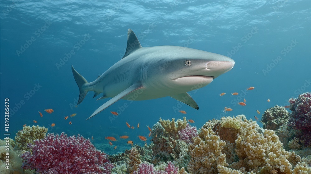 Naklejka premium Majestic Shark Swimming Gracefully Through Vibrant Coral Reef Ecosystem in Crystal Clear Ocean Water