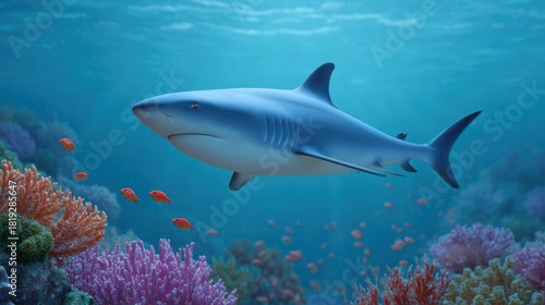 Graceful Shark Swimming Among Colorful Coral Reefs in a Vibrant Underwater Scene