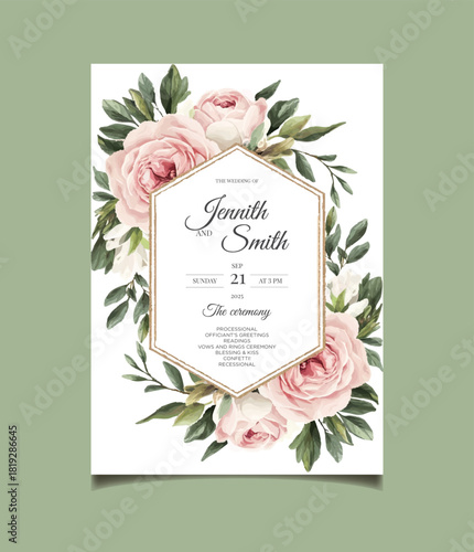 Romantic Wedding Invitation Card Design, Ceremony Program Template. This design is adorned with delicate roses and greenery, exuding elegance and inviting guests to celebrate a special union.