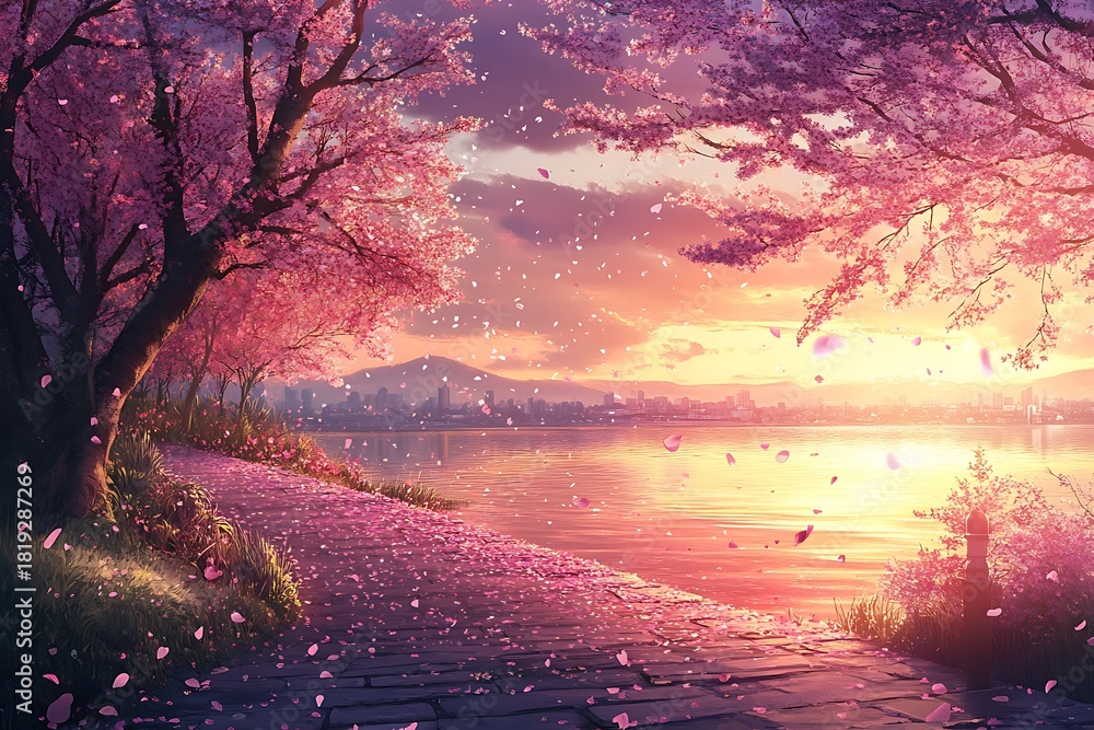 Obraz premium Sakura trees by a lakeside pathway, petals swirling in the air during sunset