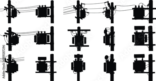 Silhouette vector illustration of electrical transformers mounted on utility poles—technical infrastructure layout for power distribution, engineering, planning, maintenance, and reference