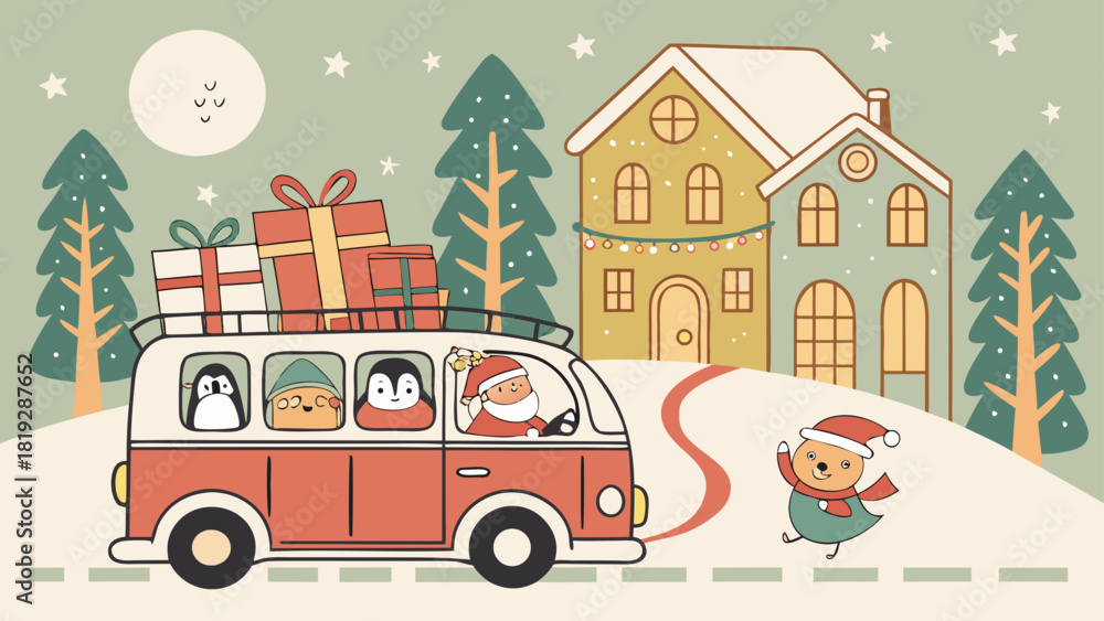 Naklejka premium Santa driving a van with penguins and gifts on top through a winter scene with a bear walking 99 chars