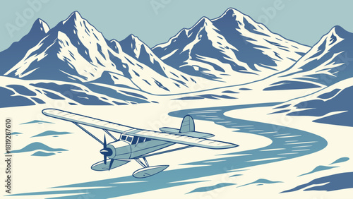 Vintage seaplane flying over a snowy river valley with distant mountain range in the background scene
