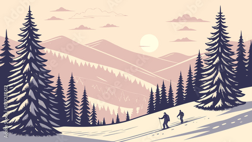Two skiers on a snowy slope surrounded by pine trees with mountains and a pale sun in the background
