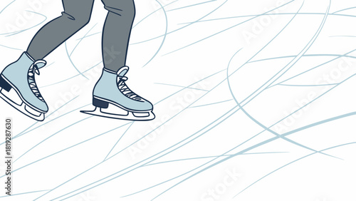 Illustration of ice skater with light blue skates and gray pants on a white ice rink surface