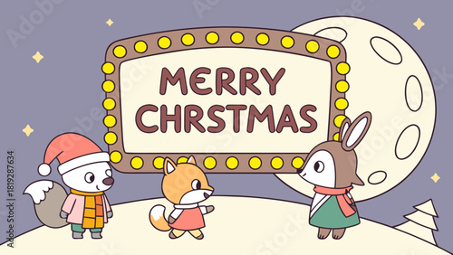 Cartoon christmas scene with animals and merry christmas sign under a large moonlit night sky
