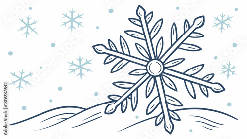 Illustration of a large snowflake falling on a snow covered ground with smaller snowflakes in the background