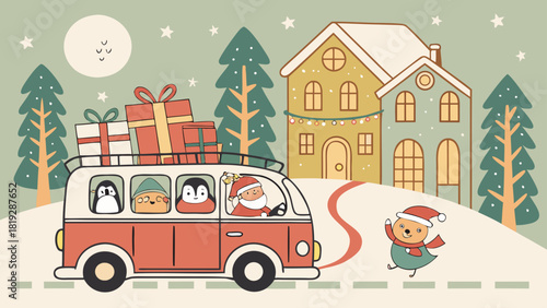 Santa driving a van with penguins and gifts on top through a winter scene with a bear walking 99 chars