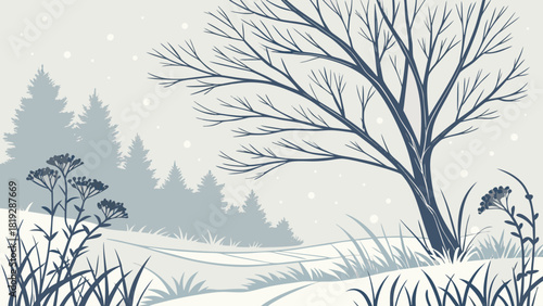 A winter scene with a bare tree, snow covered ground, and distant evergreen trees in soft light