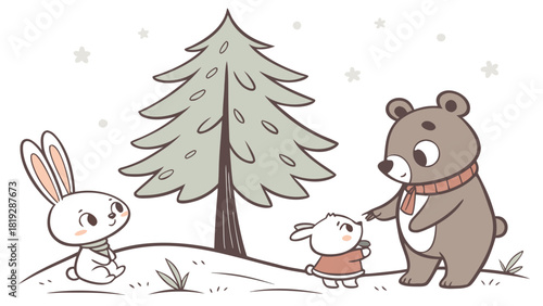 A bear and two rabbits near a christmas tree in winter cartoon illustration scene is depicted here