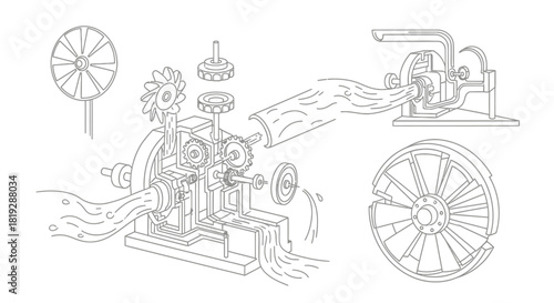 Detailed illustration of a complex industrial turbine system with multiple components and water flow.