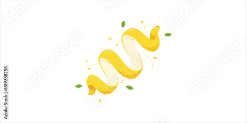 A bright yellow lemon peel spirals gracefully, appearing A bold yet minimalist composition with handcrafted textures, geometric forms, and clean color blocks. A modern and elegant design that balances