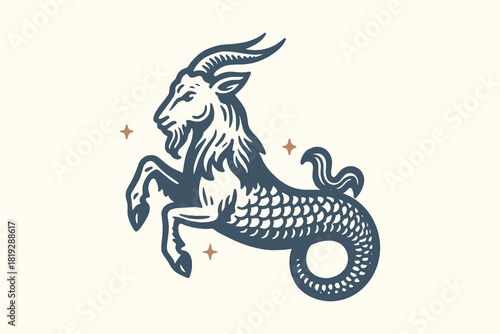 Capricorn sea goat vintage engraving line art vector illustration