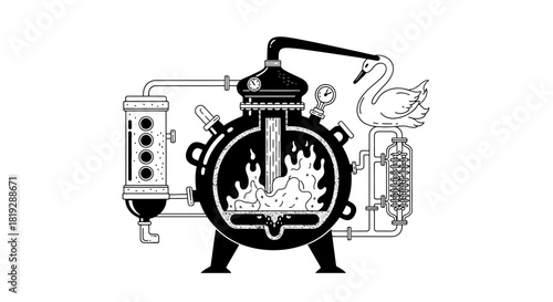 Elaborate Distilling Apparatus with Swan Neck and Intricate Piping.