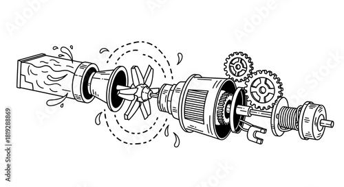 Exploded view of a water pump mechanism with gears and impeller.