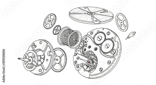 Exploded view of intricate watch movement components in detailed line art.