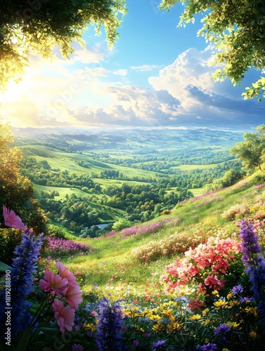 A vibrant landscape filled with blooming wildflowers in various colors against a backdrop of rolling hills under a bright blue sky, creating a serene and peaceful atmosphere.