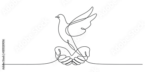 Continuous line drawing of hands holding a dove, a peace symbol
