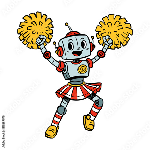 dancing robot cheerleader with pom-poms cartoon illustration
