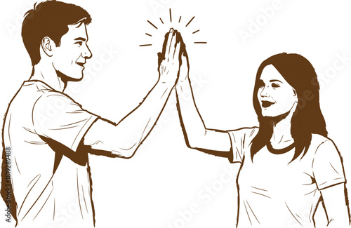 Drawn illustration of two people giving a high five in celebration of success or accomplishment together