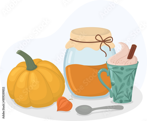 Seasonal still life with glass jar of pumpkin jam, cup of hot beverage, pumpkin, silver spoon and physalis fruit. Autumnal illustration with cozy home atmosphere 