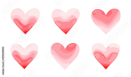 Soft red hearts with watercolor layers and gradient tones. Romantic abstract shapes symbolize warmth and emotion. Perfect for greeting cards and love projects