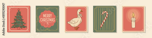 Retro Christmas cards collection with festive illustrations of tree, goose, candy cane, and candle