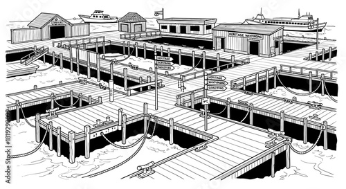 Hand drawn black and white illustration of a harbor with wooden docks and piers.