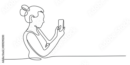 One line art drawing woman taking photo with smartphone device.