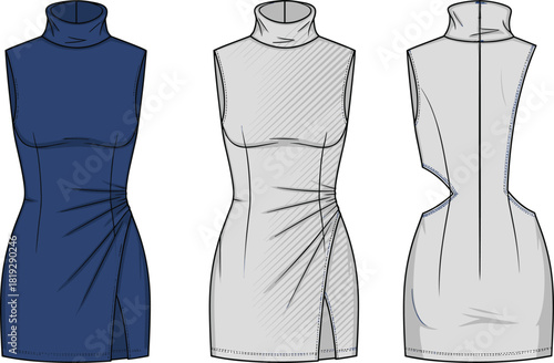 Women's sleeveless bodycon dress vector fashion flat sketch, high neck mini dress with ruching and side slit, front and back views, technical drawing template