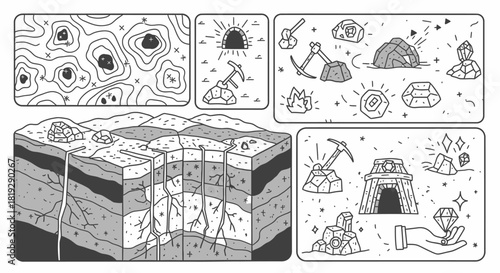 Hand drawn collection of geology mining and gemstone illustrations.