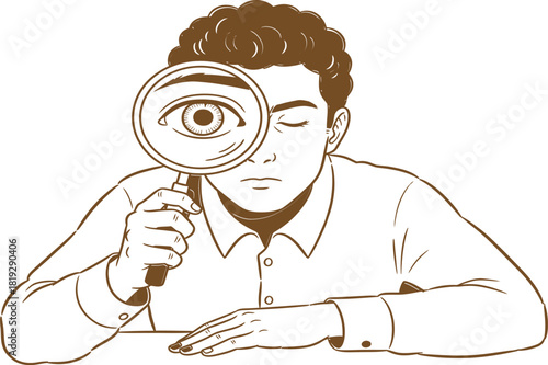 Man looking through magnifying glass with large eye illustration of searching and investigation discovery