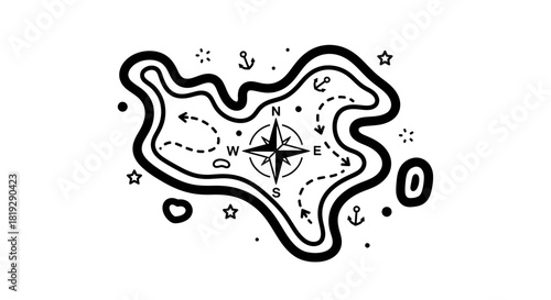 Hand-Drawn Treasure Map with Compass and Route.