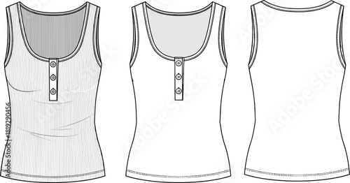 Women's ribbed tank top vector illustration, Henley vest flat sketch, button placket detail, front and back technical drawing template, sleeveless shirt mockup.
