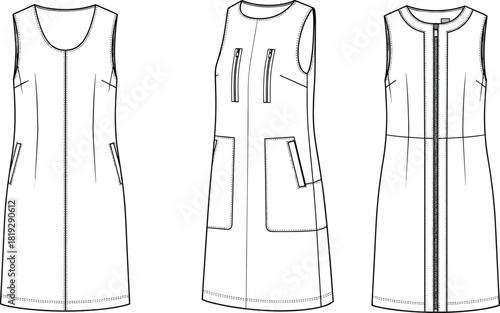 Women's sleeveless dress vector illustration, shift tunic flat sketch, zipper front and pocket details, technical fashion drawing template, casual summer wear mockup.
