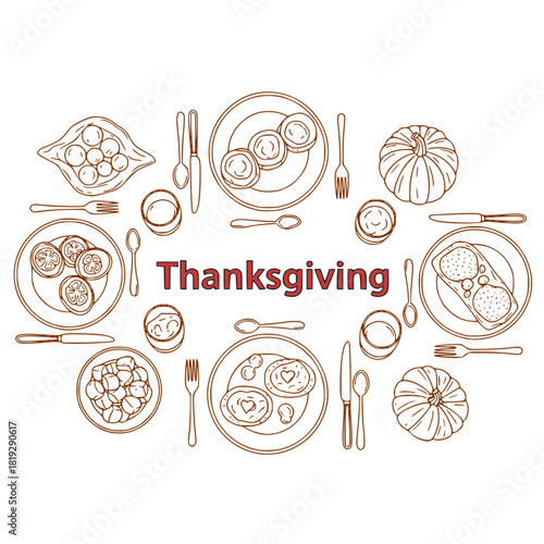 Thanksgiving Dinner table decoration setting with dishes and utensils in outline  
