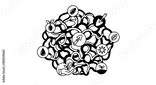 Illustration of gardening elements and symbols representing growth and nature.