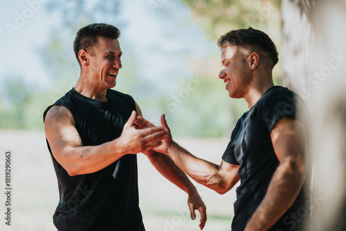 Foto Two athletic men in black sleeveless shirts laugh and greet with a high five after a training session outdoors, capturing camaraderie, fitness, teamwork, and positive energy between friends