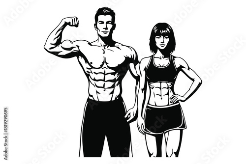 Fitness couple showcasing muscular physique in monochrome illustration