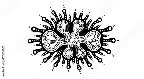 Intricate black and white line art of a stylized microorganism.