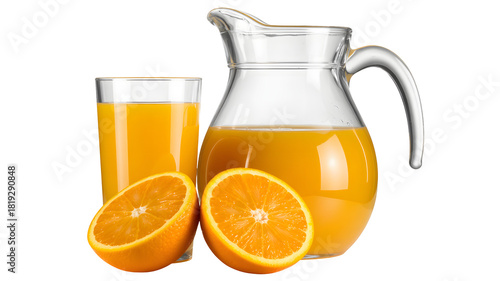 A pitcher and glass hold fresh orange juice with oranges on the side.