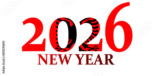 Happy New Year 2026 greeting card with the Albanian flag design incorporated into the numbers.