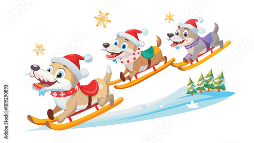 Cartoon snow puppies sliding down a snowy hill on candy-cane sleds, laughing and racing each other