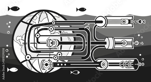 Intricate network design representing global systems and interconnected processes.